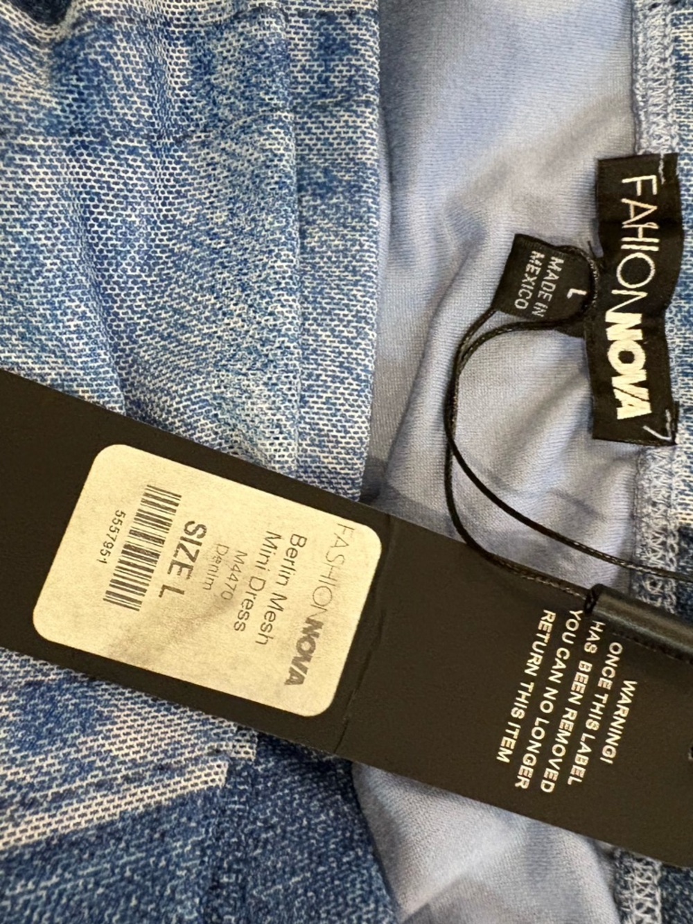 Denim Patchwork Strapless Mesh Mini Dress - Blue - Picture 6 of 6